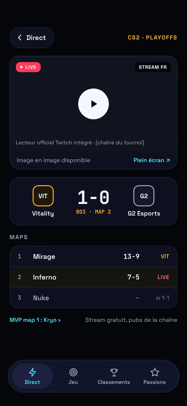 Match e-sport avec stream